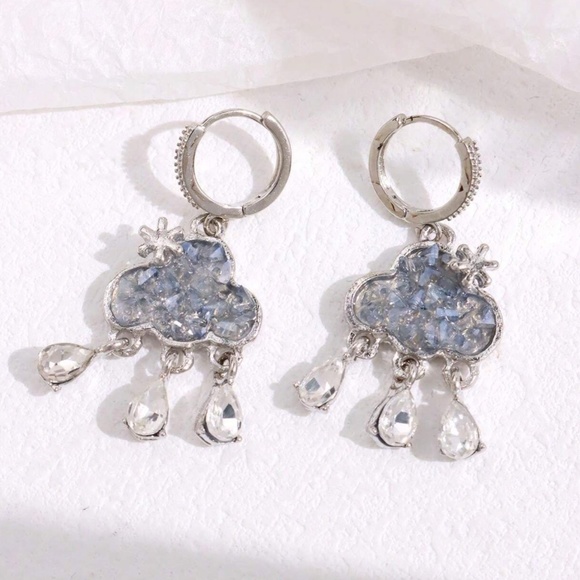 Dainty Silver Tone Rhinestone Clouds Huggie Earrings - Picture 2 of 5